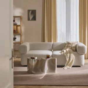 ANTON modular bouclé sofa, 3-seater, with geometric modules, brushed metal accents, and soft textured upholstery. Expandable design crafted in the UAE.