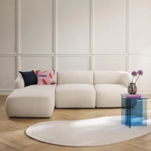 SOFIA modular 3-seater corner sofa with rounded organic design, left-side corner section, eco-friendly Blue Angel certification.