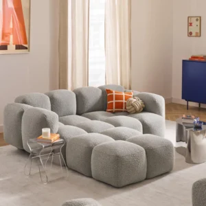 TAYLA – a modular 3-seater sofa in bouclé with ottoman, blending modern elegance with cozy bubble-inspired design. Flexible, stylish, and made in the UAE for ultimate comfort.