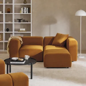 LENA modular velvet sofa, 3-seater, with extra-deep seat, flowing lines, and soft upholstery. Includes flexible ottoman placement for versatile lounging. Crafted in the UAE.