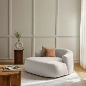 XL Lounge Chair Sofia with rounded organic design, eco-certified upholstery, standalone or matching piece.