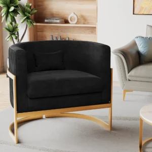 Velvet upholstered accent armchair with pleated texture, gold metal frame, and included cushion in modern glam style