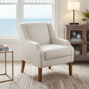 Arden Curved Upholstered Accent Chair in beige polyester fabric with brown wooden legs, featuring rounded arms and cushioned seat for comfort