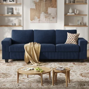 Blue 3-seater corduroy sofa with square armrests, deep cushions, and modern design, 229 cm wide