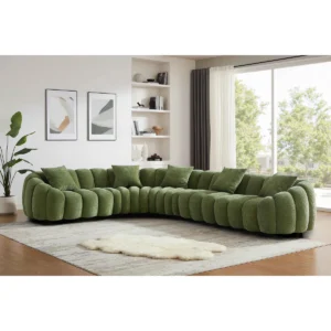 Aurelia 366 cm green chenille modular L‑shape sofa with petal armrests, Michelin‑style seating, and five accent pillows