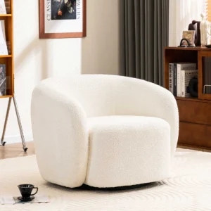 White bouclé upholstered swivel barrel chair with rounded silhouette, enclosed back, and black metal pedestal base