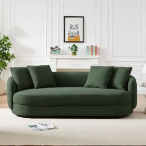 Modern curved bouclé sofa with soft upholstery, solid wood frame, and four matching cushions in a Japandi-inspired design.