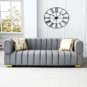 Aurora Luxe 208 cm channel‑tufted velvet sofa with customizable gold or silver legs and four accent pillows
