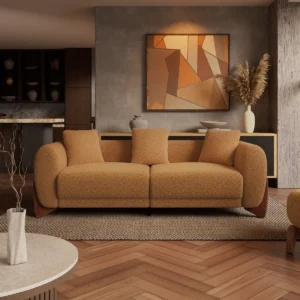 Aurora Sherpa Cloud Sofa in caramel brown with curved solid wood legs, upholstered in faux lamb fleece, featuring deep seating and modern rounded silhouette.