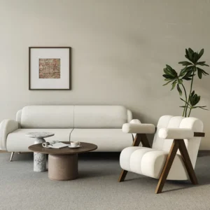 Beige accent chair with modern design and plush seating, offering timeless comfort and elegance for interior spaces.