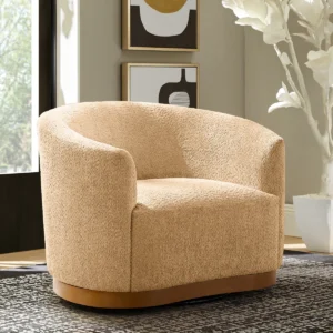 Camel chenille upholstered swivel barrel chair with U-shaped backrest, flared arms, and solid wood legs