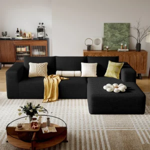 Celesto 275 cm modular sectional sofa with L‑shaped chaise, corduroy upholstery, and deep cushioned seating