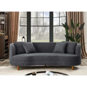 Seraphina 229 cm curved corduroy sofa with rounded arms, plush foam seat, and four linen accent pillows in a modern living room setting.