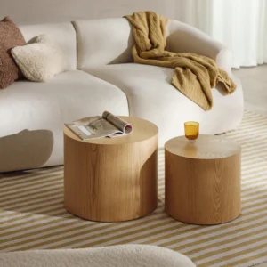 DAN wooden coffee tables, set of 2, featuring minimalist brutalist-inspired design, versatile sizes, and modern aesthetic for contemporary interiors