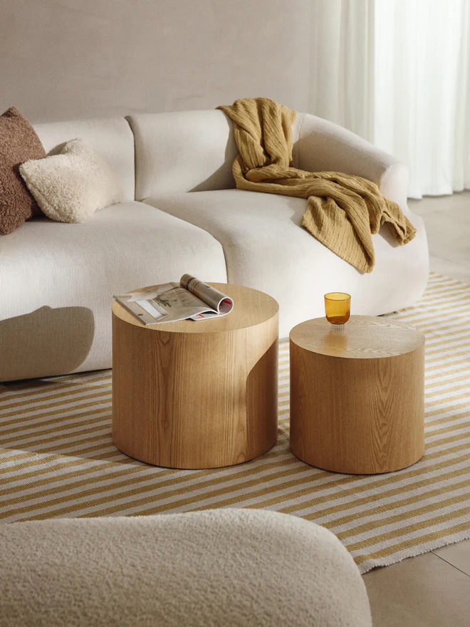 DAN wooden coffee tables, set of 2, featuring minimalist brutalist-inspired design, versatile sizes, and modern aesthetic for contemporary interiors