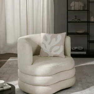 Creamy white upholstered furniture with textured fabric, solid wood frame, and modern minimalist design