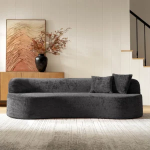 Eliseo Modern Foam Comfort Sofa in charcoal upholstery with rounded silhouette, full foam construction, and two matching throw pillow
