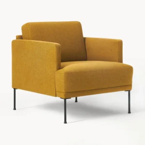 Modern minimalist FLUENTE sofa with clean lines and customizable fabric options, styled in a contemporary living room setting.