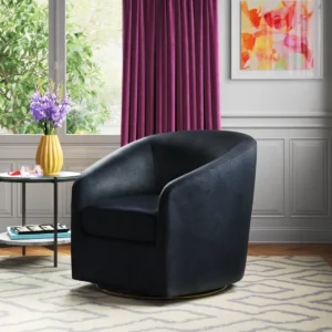 Velvet upholstered swivel barrel chair with round base, tight back, and gold-finished metal legs