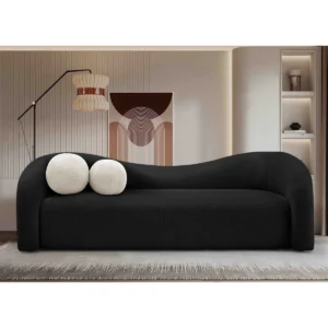 Iwalani Cozy Sherpa Sofa upholstered in faux shearling teddy fabric with rounded arms, eucalyptus wood frame, and two accent pillows