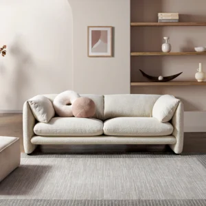 Japandi Cozy Sofa in spill‑resistant bouclé fabric with clean lines, neutral tones, and plush cushions, ideal for contemporary interiors