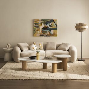 Japandi Curved Sofa with minimalist design and distinctive curved silhouette, styled in neutral tones for modern living rooms