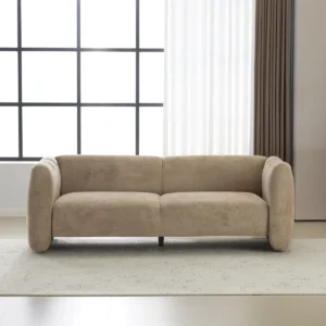 Modern bouclé 3-seater sofa with wave-shaped curved design, plush cushions, and a soft textured finish in a contemporary living space