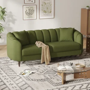 Lunara 210 cm green boucle loveseat with curved armrests, wooden legs, and two accent pillows