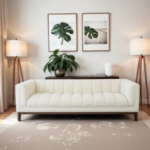 Marcellus 230 cm bouclé upholstered sofa with channel tufting, tuxedo arms, and walnut tapered legs