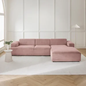 MELVA corduroy lounge sofa with rounded edges, deep seating, and right-side corner section in a modern living room