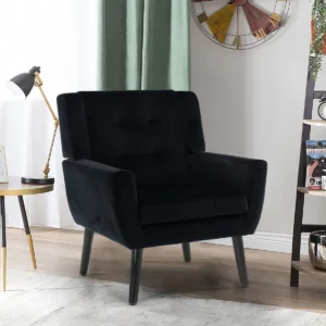 Modern black velvet tufted armchair with square arms and solid wood legs
