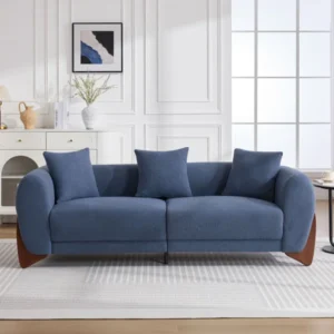 Nordhaven 221 cm Sherpa Boucle Sofa with rounded arms, deep cushions, and solid rubberwood legs in blue upholstery
