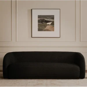 Penelope Noir 229 cm curved back sofa with fixed bench seat, boucle upholstery, and rounded solid wood legs