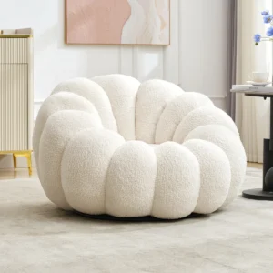 Modern pumpkin-shaped swivel barrel chair with plush upholstery and curved design in a stylish living space.