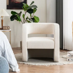 chenille armchair with square arms, upholstered back, and foam-filled seat, featuring a solid wood frame and boucle texture