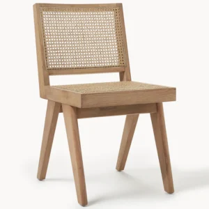 SISSI wooden chair with Viennese caning, inspired by Pierre Jeanneret’s 1950s design, blending modern aesthetics with traditional craftsmanship