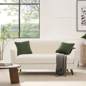 Solara 165 cm beige boucle loveseat with curved arms, kidney‑shaped cushion, and slanted wooden legs