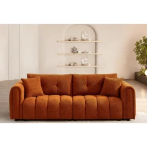Solara 232 cm orange chenille tufted sofa with rounded arms, cushioned back, and two accent pillows