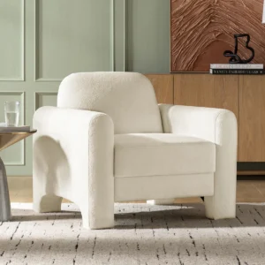 Solara curved chenille armchair with fully wrapped armrests, upholstered in wrinkle-resistant fabric, offering modern style and ergonomic comfort.