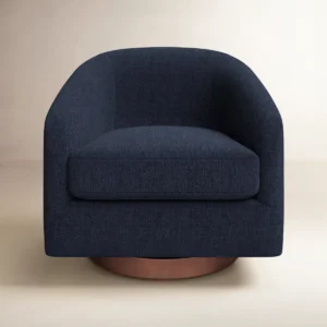 Modern tweed upholstered swivel barrel chair with curved back, round arms, and 360-degree rotating base in dark finish