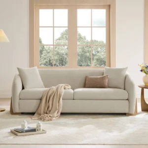 Valencia Arc 229 cm curved chenille sofa with birch wood legs, eco‑friendly foam, and included accent pillows
