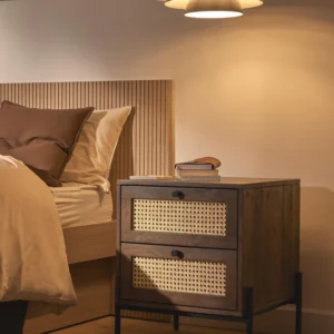 Vienna bedside table with two drawers and Viennese wickerwork front, blending Scandinavian, boho, and retro design styles