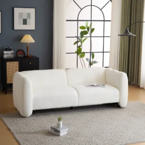 Modern 3-seater bouclé sofa with wave-shaped curved design, plush seating, and a soft minimalist aesthetic.