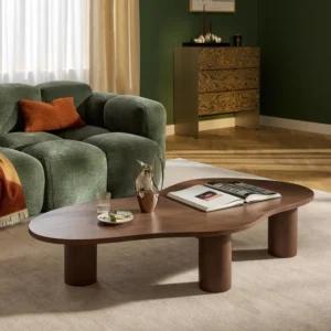 XL Didi coffee table in solid oak wood with organic shape and wide round legs, available in natural, dark brown, or black finishes