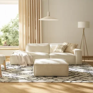 Japandi Sofa with Ottoman in cream fabric, featuring minimalist design, spacious seating, and versatile modular configuration for modern living spaces