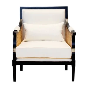 Nismaaya Abby Mango Wood Upholstered Cane Arm Sofa Chair with solid mango wood frame, upholstered seat, and cane armrests, offering a stylish and comfortable addition to modern living spaces