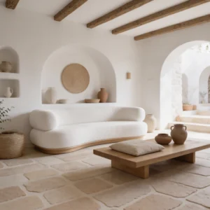 Amalfi Sofa with solid wood and plywood frame, distinctive curved silhouette, upholstered in premium white bouclé fabric, offering a soft, modern, and sophisticated design.