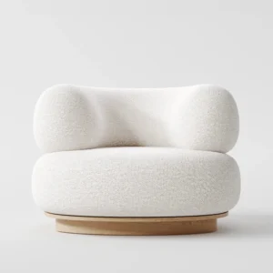 Amalfi Rest Armchair with curved arms, upholstered in premium white boucle fabric, supported by a sleek solid wood base, measuring 115cm wide, 95cm deep, and 75cm high
