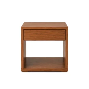 Minimalist Annecy bedside table with one flush drawer and open lower shelf, crafted in a warm finish for versatile interiors.