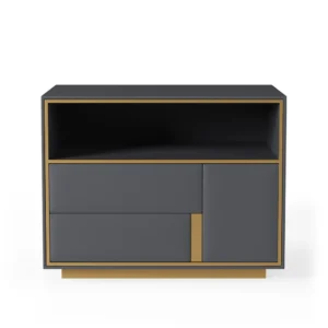 Art Deco Bedside Table featuring a geometric silhouette, white wood finish, and golden steel accents, crafted from artificial material with a metal base for modern bedroom interiors